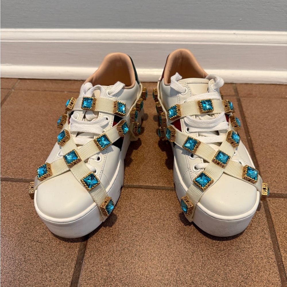 Gucci Ace leather trainers worn outdoors once plastic wrap still attached sz 35